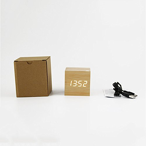 Generic Kantholz LED Alarm Wecker Tischuhr Sprachsteuerung Sensor mit Thermometer Anzeige – Natur + Weiß - 8