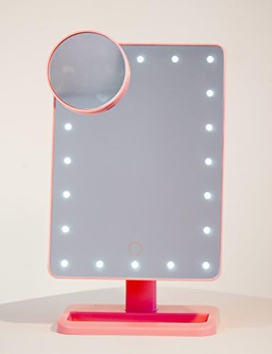 TableTop Makeup Mirror with LED Light / Lighted High Clarity Mirror for Professional Make-Up – Movable 10X Magnifying Spot Mirror, Touch Screen Illuminated with Brightness Control, Cordless, Portable (Pink)