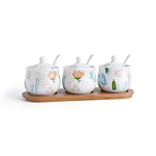 CWLLWC Spice Jars Box,Kitchen Ceramic Condiment Storage Container and Tray Household Salt Sugar msg Spice Jars Box Three-Piece Set