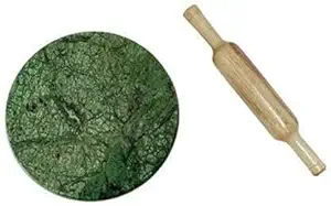 Krishna Products Green Marble Roti Maker with Wooden Belan | Rolling Pin Board | Pulka Maker | Chapati Maker Chakla (Marble Chakla : 9 inch ) ( Wooden Belan 12 inch )