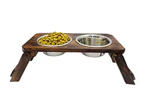Home BARGAINS Wooden Dog Bowls Stand with 2 Stainless Steel Bowl for Water and Food for Dogs. 1600ml x 2 pet Bowls.