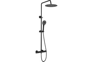 VALAZ Columna Ducha Termostatica Negro Mate | Mezclador Agua Fría y Caliente, Ahorro de Agua | Instalación Fácil y Rápida | Inoxidable, Redonda, Longitud 80-120 cm, Rociador 20 cm, Serie Ebro