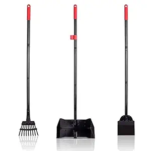 PAWCHIE Pet Poop Tray and Rake - Large Dog Pooper Scooper with Spade - 1 Metal Tray and 2 Rakes Set - 37.4 Inches Long Handle for Waste Removal