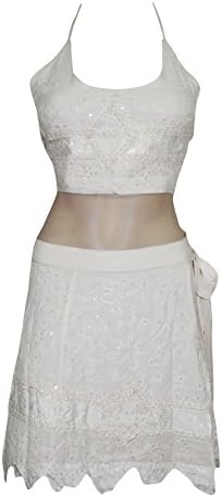 Ladies Magic Wrap Skirt White Sequin Work With Choli Top Boho Beach Wear XL