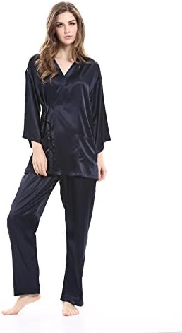 Womens Silk Satin Pajamas Set Long Sleepwear Soft Loungewear with Pants Navy M