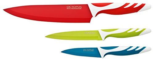 Juego de cuchillos de cocina - Set de 3 cuchillos de cocina de calidad - Cuchillo cocinero, Cuchillo multiuso y cuchillo pelador - recubrimiento antiadherente para cortar y limpiar con facilidad