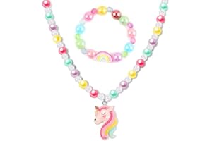 MenYiYDS 2 Stück Set Mädchen Regenbogen Halskette Einhorn Armband, Einhorn Bettelarmband Bunte Kristallperlen Halskette für Kinder Kostümkleid