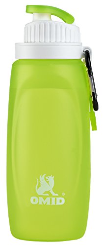 Omid 11 oz senderismo plegable de silicona botella de agua con válvula de soporte gancho y a prueba de fugas, sin BPA, aprobado por la FDA, Verde
