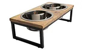 Brave Bark Wood & Metal Feeder Mango Wood Feeder with Metal Stand, 2 Stainless Steel Bowls for Food or Water Included, Perfect for Dogs, Cats & Pets of Any Size, Great for Home or Office (S)