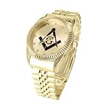 Freimaurer Symbol Herren Armbanduhr 14 K Gold Finish Band Lab Diamanten Jubilee Stahl Rückseite