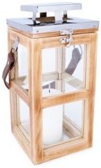 Wooden/Glass Lantern with LED Battery Operated Candle with Genuine Leather, 31 x 14 cm x 14 cm zeyhome