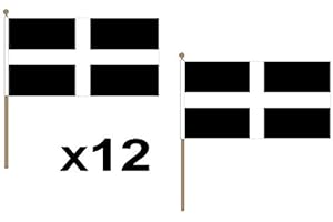 UKFLAGSHOP Pack Of 12 (18" x 12") Cornwall Cornish St Piran Hand Waving Flags 24" Wooden Pole Ideal For Party Conferences Office Display