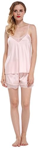 PPOJAS Summer Young Girls Nightwear Pajamas Sets Fashion Women'S Lace Satin Sleeveless Pijamas Sets Short Pants Sleepwear,Pink Set,M