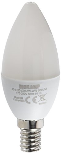 Digilamp 40-LED-C30-8W-WW - Bombilla tipo vela LED, E14, 8 W, 680 lm, luz cálida,  3000K, 175- 250V
