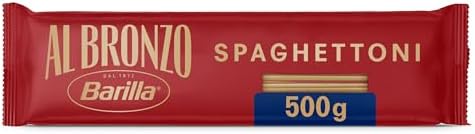 Barilla Pasta Al Bronzo Spaghettoni 100% Grano Italiano, Pasta Trafilata Al Bronzo con Lavorazione al Bronzo Grezzo, Ruvidità Intensa, Formato Spesso e Corposo, Alta Tenuta di Sugo e Cottura, 500 g