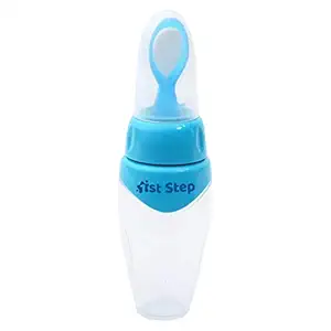 1ST STEP NOT Spill Soft Squeeze Silicone Cereal Feeder with HYGENIC Spoon Cover - Blue