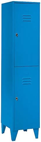 Steel locker with stud feet, compartments divided horizontally, solid panel doors, compartment width 400 mm, 2 compartments, light blue.