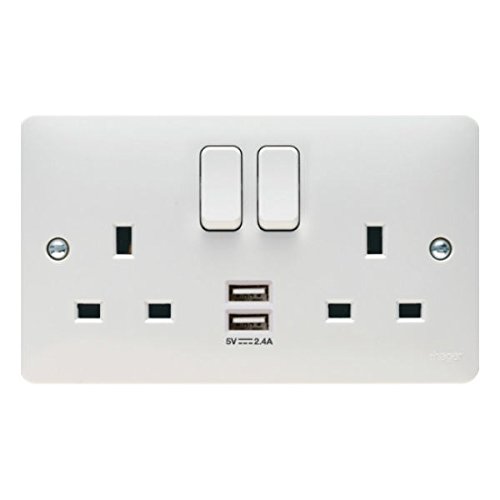 Hager WMSS82USB 'Sollysta' Switch Socket Outlet 13 Amp with 2 x USB Charging Points 2.4A