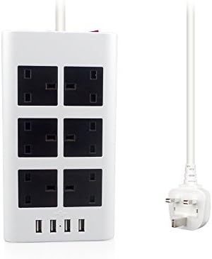 TOPEREK Surge Protector Power Strip Socket Flat Plug, 6 Outlet 4 USB Desktop Charging Station, 1875W USB Charger with 6.5 ft Long Cord for Household &amp; Business White Black