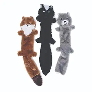 ZippyPaws - Skinny Peltz No Stuffing Squeaky Plush Dog Toy, Weasel, Skunk, Wolf - Large, 3 Count