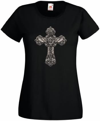 Womens Sacred Cross Intricate Pattern Design Custom Printed T-shirt by Crazy Clothing (12, Black)