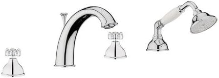 4-Hole Bath Edge Fitting Nostalgia Country House Style Retro Antique Design with Shower Hose, Chrome Mixer Tap