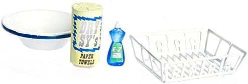 Dolls House Miniature Kitchen Accessory Washing Up Set Bowl Liquid Dish Drainer
