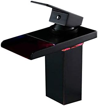 Lonfenner Faucet LED waterfall basin faucet-style copper basin tap with hot and cold lamps wash basin faucet , Black