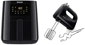 PHILIPS Digital Air Fryer HD9252/90 with Touch Panel, uses up to 90% less fat, 7 Pre-set Menu, 1400W, 4.1 Liter, with Rapid Air Technology (Black), Large & HR3705/10 300-Watt Hand Mixer