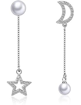 wunhope Damen Mädchen Ohrringe Mode Silber 925mit edel Perlen Stern Mond Schopf Lange Ohrhänger
