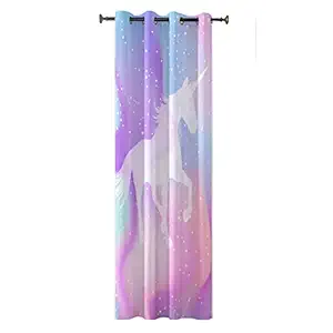 Hopcara White Unicorn with Multicolor Printed Velvet Curtain - 4 x 7 ft