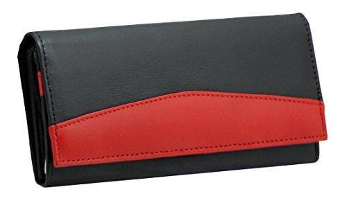 Ladies Luxury Soft Black Red Real Napa Leather Long Flap-over Purse Multi Credit Card Wallet with 2 Inner Zip pocket # 370