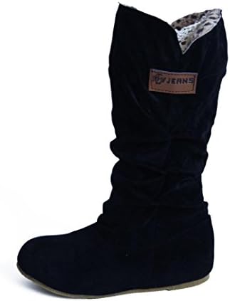 BESTOPPEN Womens Ladies Knee High Boots Flat Heel Nubuck Fasion Motorcycle Boot Autumn Winter Warm Shoes (4, Black)