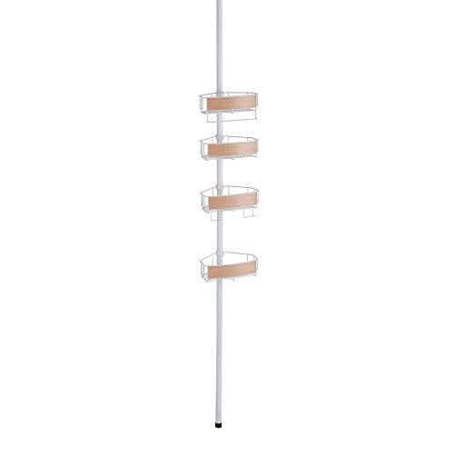 InterDesign RealWood Teleskop Duschregal | mit Handtuchhalter und Haken | hochwertige Duschablage ohne Bohren | vierfacher Duschkorb für mehr Stauraum | Metall mit Echtholz