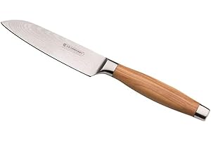 Le Creuset Couteau Santoku, Lame Lisse 13 cm en Acier Damas 18/8, Manche en Bois d'Olivier, Inoxydable, Brun/Argenté,98000213000200, 001-no Color