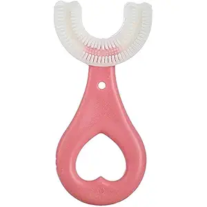 Pink U-Shaped Toothbrush Teeth Dental Care Hand-Held Version,Food Grade Soft Silicone Brush Head, Manual Whitening 360? Oral Teeth Cleaning Tools For 2-10 Years Mouth-Cleaning(Heart Handle Toothbrush)