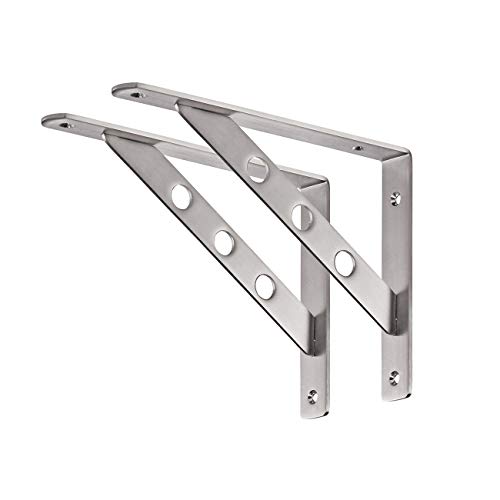 YUMORE Shelf Bracket 10", Heavy Duty Stainless Steel Solid Shelf Support Corner Brace Joint Right Angle Bracket, L Bracket with 2 S Hook, 2 Pack