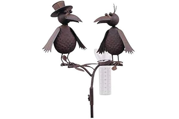 L'Héritier Du Temps Superbe Pluviomètre à Piquer Tuteur Plante Décoration de Jardin Motif Corbeaux en Fer Patiné et Tube en Verre 23x29x130cm