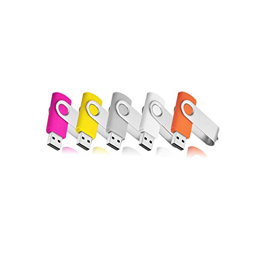 4GB Flash Drive by VIEKUU, 5 Pack USB Memory Sticks with Key Chain and Rotatable Cap(Pink/Yellow/Grey/White/Orange)