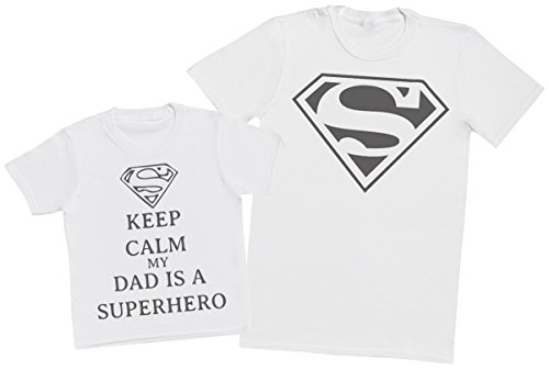 Zarlivia Clothing Keep Calm My Dads A Super Hero II - Completo papà & bimbini Abbinato, Composto da Un T-Shirt Bambini Cotone e Una T-Shirt Uomo Cotone - Bianco - Medium & 3-4 Anni