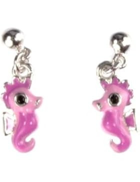 Krsnasworld® Kinder Jugend Ohrring Ohrstecker Ohrhänger - 13x5mm - 925/- Seepferdchen pink