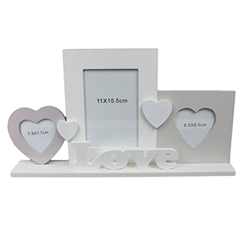 Süßer Bilderrahmen LOVE für 3 Fotos ~ aus Holz zum Stellen ~ weiß grau ~ 42 x 23 x 6 cm