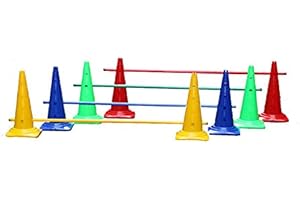 Boje Sport Lot de 4 Kits de haie (12 pièces en Tout): 8 cônes (à 16 Trous) 50 cm, 4 Jalons en Plastique 160 cm, Couleur: 1x Bleu, 1x Rouge, 1x Vert, 1x Jaune - 8X MZK50ybrg 4X 160ybrg