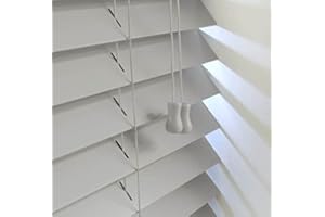 funky gadgets smooth Faux Wood wooden Venetian Blinds ONE With STRINGS and THE OTHER with TAPE 50mm Slats TRIMMABLE (Grey, 60cm width x 150cm drop)