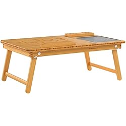 SONGMICS Table d'Ordinateur Pliable, Support d'Ordinateur, Bambou Naturel, Tablette Réglable, Encoche, Tiroir, 55 x 35 x 23cm LLD006