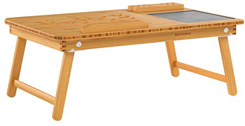 SONGMICS Table d'Ordinateur Pliable, Support d'Ordinateur, Bambou Naturel, Tablette Réglable, Encoche, Tiroir, 55 x 35 x 23cm LLD006
