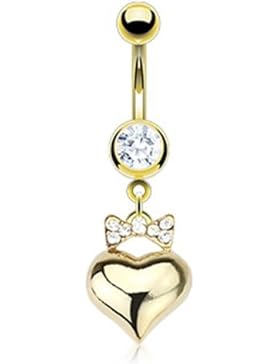 Coolbodyart Unisex Bauchnabelpiercing Herz&Schleife mit 14 Karat Gold überzogen Zirkoniasteinen und Anhänger,...