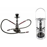 Mysale24 Shisha Hookah Starter Set Wasserpfeife 2 Schlauch inkl Kohle Dampfsteine (ohne Nikotin) inkl Tragegestell ideal für Unterwegs und Reisen Shisha to go Farbe Schwarz/Gold - 