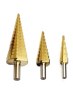 Mengshen Titanium Step Drill Bit 3 Piece Set, 4-12mm/4-20mm/4-32mm HSS Triangle Handle Pagoda Drill for Carbon Steel, Sheet Iron, Insulation Boards, PVC Boards and Wood