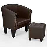 MAßE SESSEL: Clubsessel B/H/T: ca. 69/70/60 cm, Sitzfläche B/T: ca. 44/44 cm, Maße Hocker: B/H/T: ca. 34/36/34 cm, Gesamt-Gewicht: ca. 12,5kg, Max. Belastbarkeit: ca. 100kg, Stuhlbein (H): je ca. 20 cm, Material: Holz, Kunststoff, Kunstleder, Kupfer